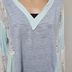 POL Sky Blue and White Lace Long Sleeve Top